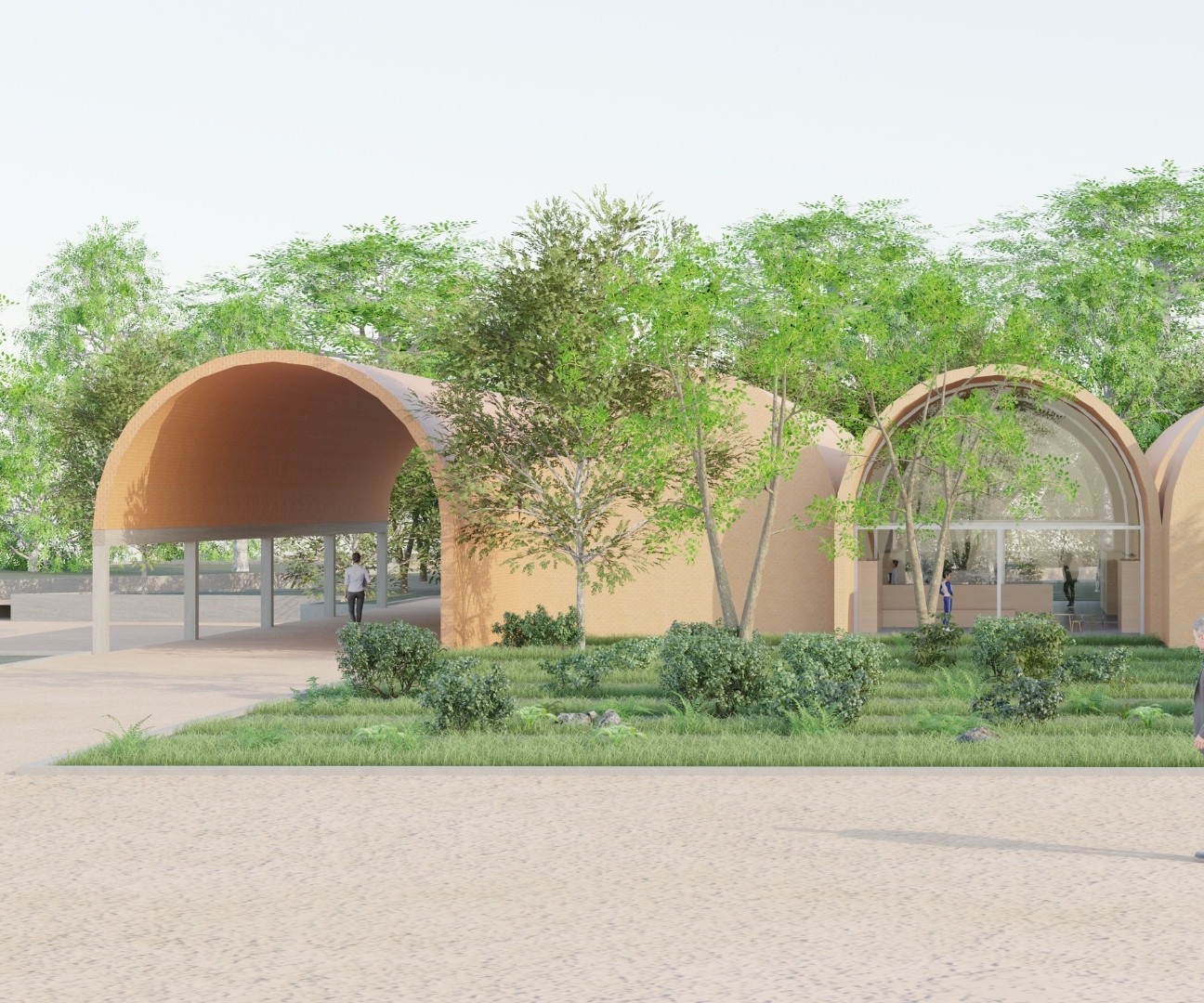 Vista frontal de la Biblioteca 829 en Zamora, mostrando las bóvedas de ladrillo abiertas hacia el parque. El diseño enfatiza la relación entre arquitectura y naturaleza, con un acceso principal bajo una gran arcada y una envolvente cálida integrada al paisaje.